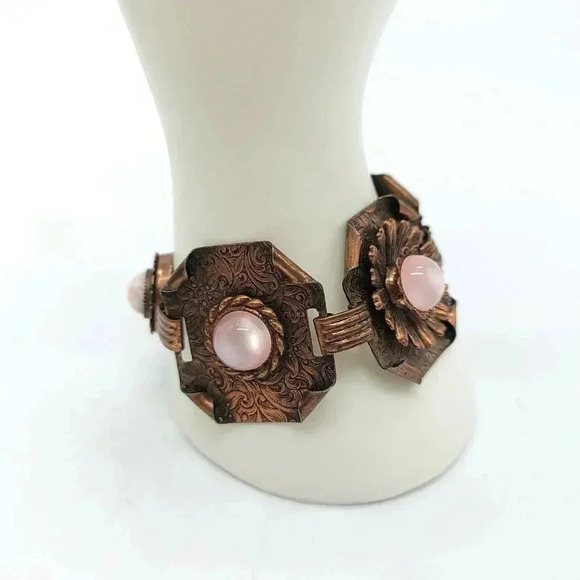 Large Wide Copper Embossed Pink Acrylic Moonstone Bracelet 8" - Picture 2 of 6